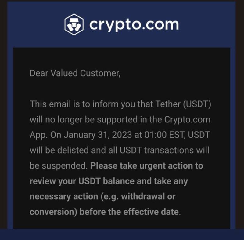 La empresa confirmó la prohibición de USDT con un mail a sus clientes.