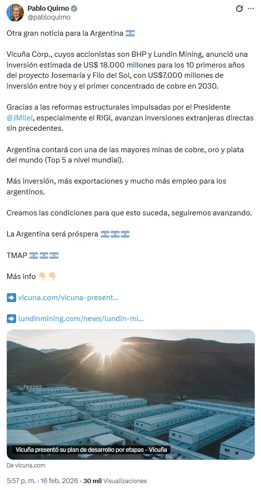 Pablo Quirno destacó que la inversión total estimada para los primeros 10 años del proyecto alcanzará los u$s 18.000 M.