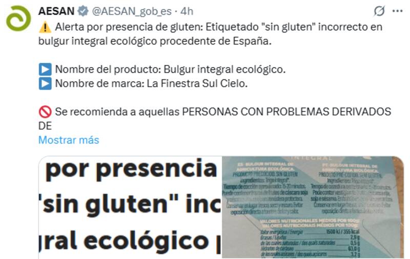 La Aesan alerta de la presencia de gluten sin etiquetar en bulgur integral ecológico. (Fuente: Aesan).