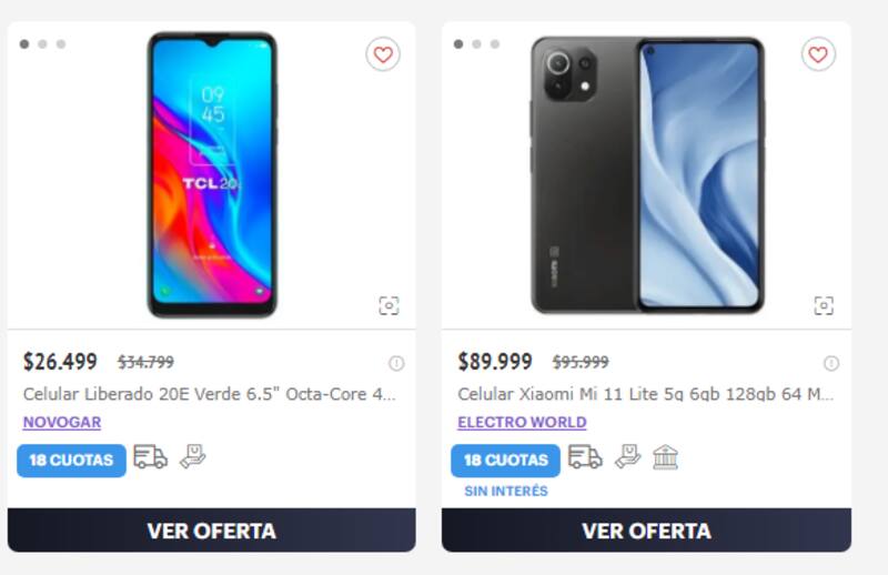 A la izquierda un celular en 18 cuotas con interés y a la derecha un celular en 18 cuotas sin interés.