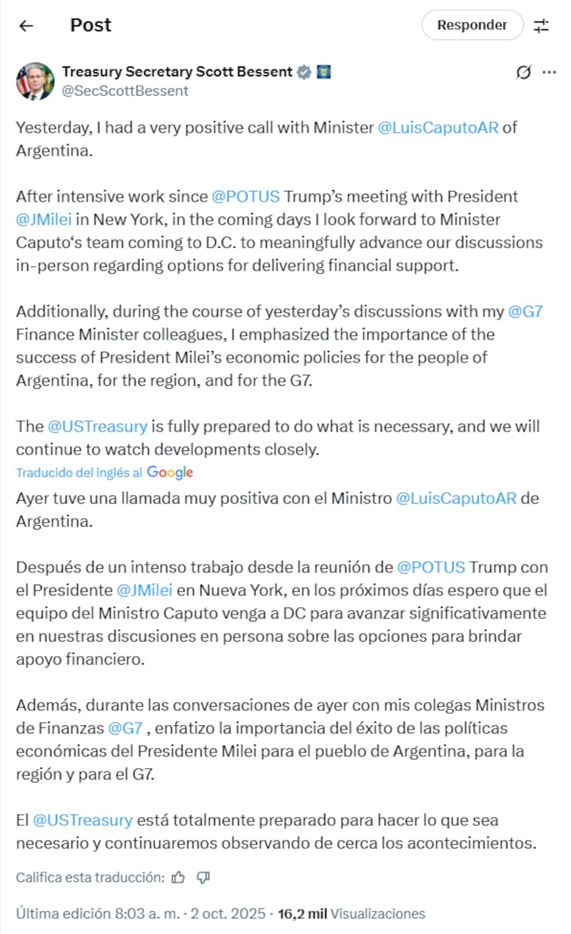 El posteo de Bessent en redes.