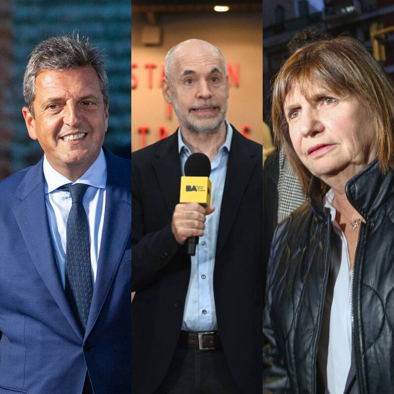 Sergio Massa, Horacio Rodríguez Larreta y Patricia Bullrich, tres de los candidatos a presidente en estas elecciones 2023.