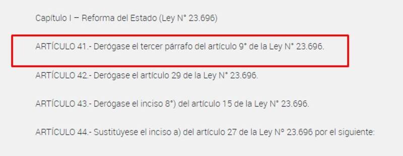 Fragmento de la norma derogada por el DNU de desregulación económica. (Captura)