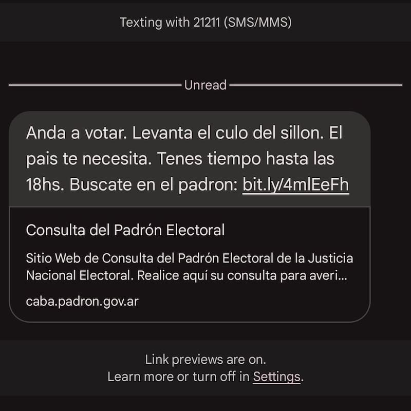 Miles de ciudadanos de CABA recibieron este mensaje junto a un enlace que los dirigía a ver el Padrón Nacional (Fuente: X).