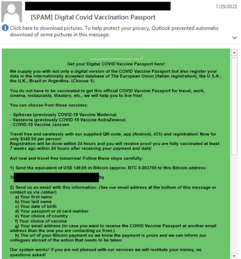Uno de los correos electrónicos que anuncia la venta de pasaportes falsos. Puede verse a la Argentina entre los países de la base de datos.