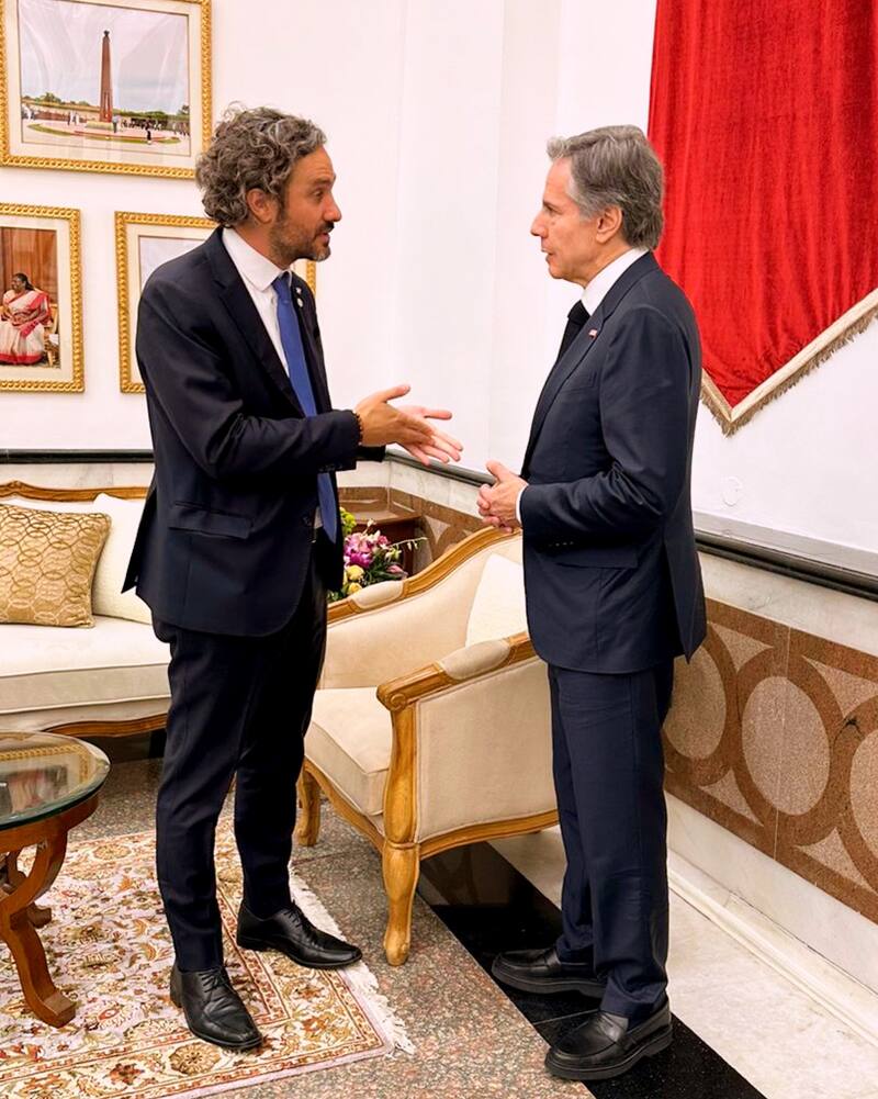 Los cancilleres Cafiero y Blinken, en el G20 de la India el 2 de marzo pasado, hoy se vieron de nuevo