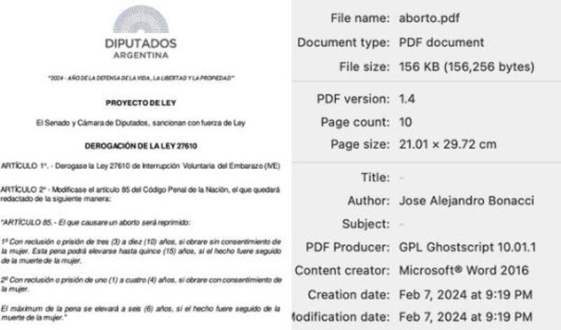 Las propiedades del PDF que se contiene el proyecto de la diputada Rocío Bonacci.