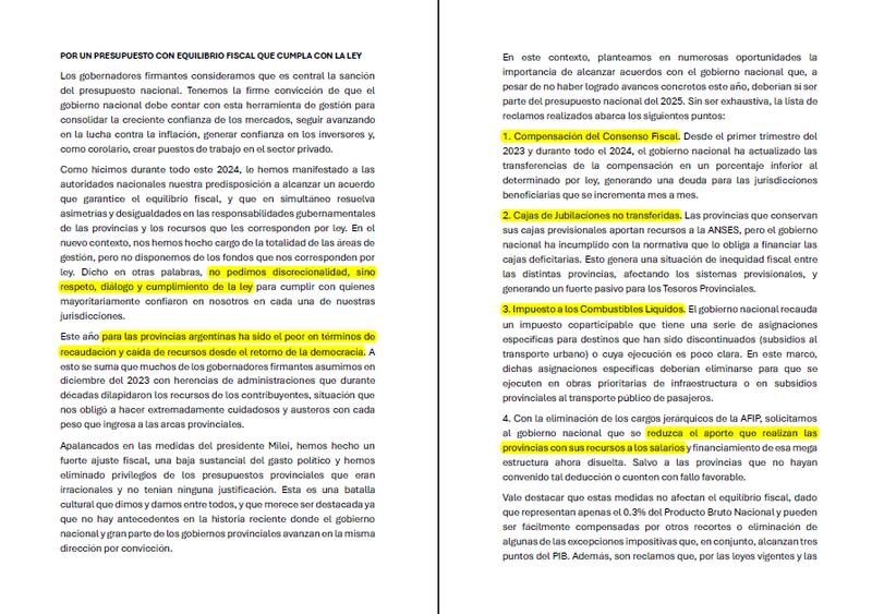 El comunicado de los gobernadores de Juntos por el Cambio al Gobierno Nacional