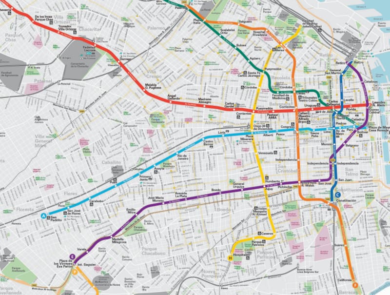 El mapa con supuesto recorrido que tendría la línea F de subte. Fuente: SBASE