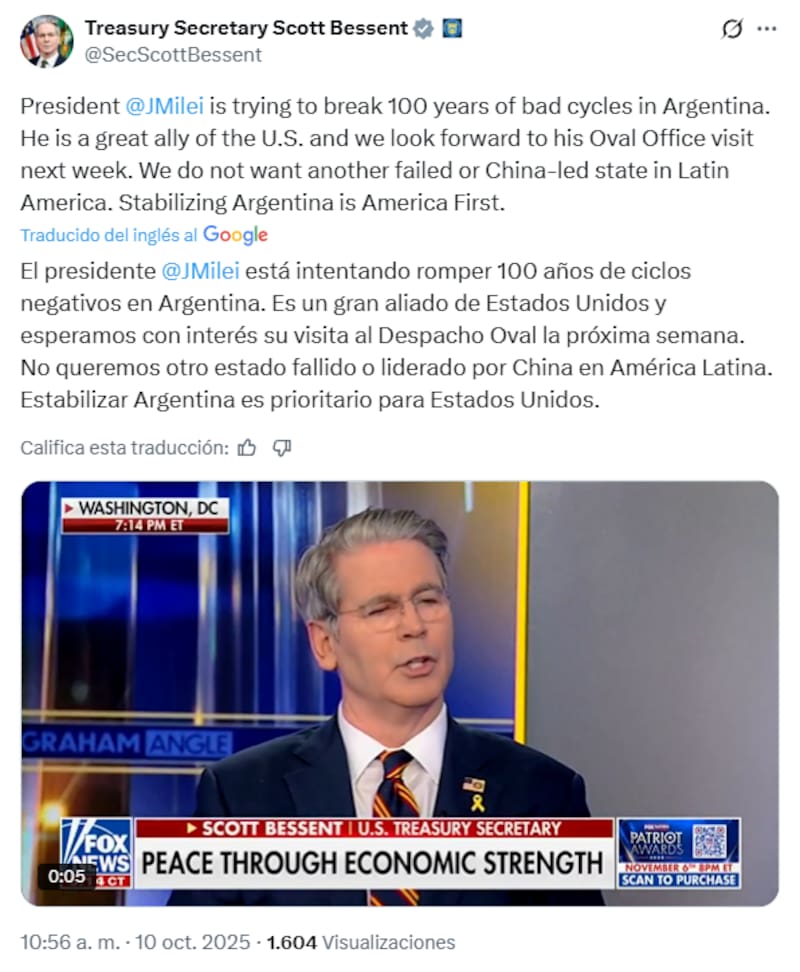 El mensaje de Bessent en X.