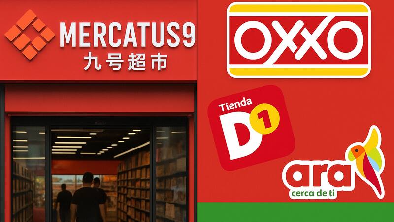 Fachada del supermercado Mercatus9 en Colombia frente a los logos de sus principales competidores: Oxxo, D1 y Ara.