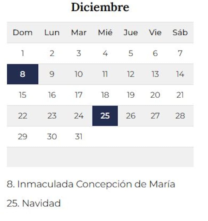 El calendario con los feriados de diciembre 2024.