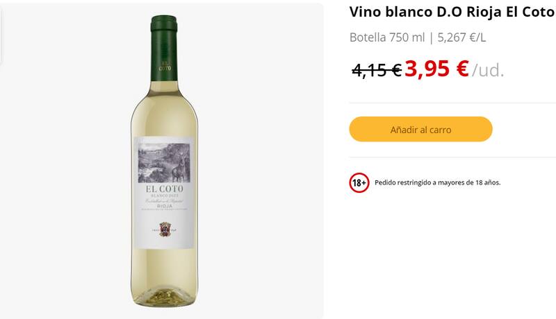 Vino blanco D.O Rioja El Coto. Fuente: Mercadona