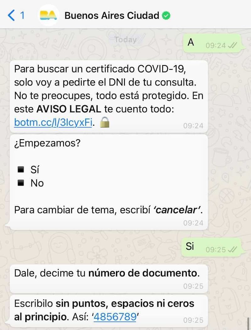 Al enviar la letra "A", Boti solicitará la confirmación del trámite. Luego, se podrá ingresar el documento y, finalmente, obtener el certificado.