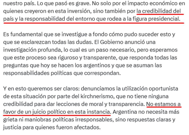Fragmento del comunicado del PRO Argentina en X.