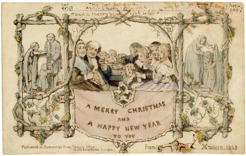 Esta fue la primera tarjeta de Navidad, que fue hecha por Sir Henry Cole y enviada en 1843. En total, se imprimieron mil y la ilustración central retrata a su familia brindando. (Foto: Victoria and Albert Museum, London, World History Encyclopedia)