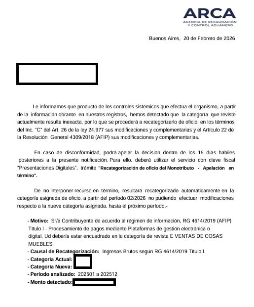 Notificación ARCA (Fuente: Javier Carmona/X)