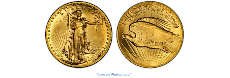 La historia detrás de una moneda puede aumentar su atractivo, como es el caso de la Águila doble de Saint-Gaudens de 1933, que fue prohibida y casi todas sus piezas fueron destruidas. Foto: pcgs.com