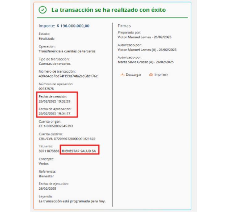 El recibo con la primera de las transferencias millonarias hechas por los exconductores de la OSF