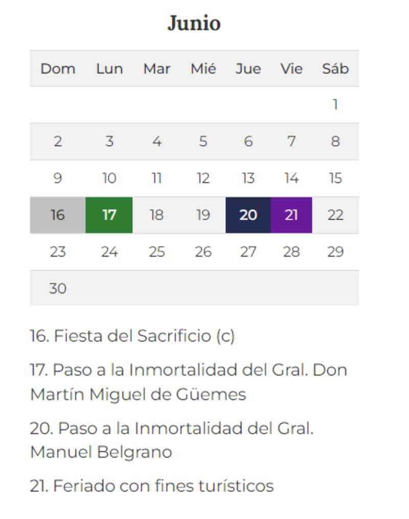 Calendario de feriados de junio 2024