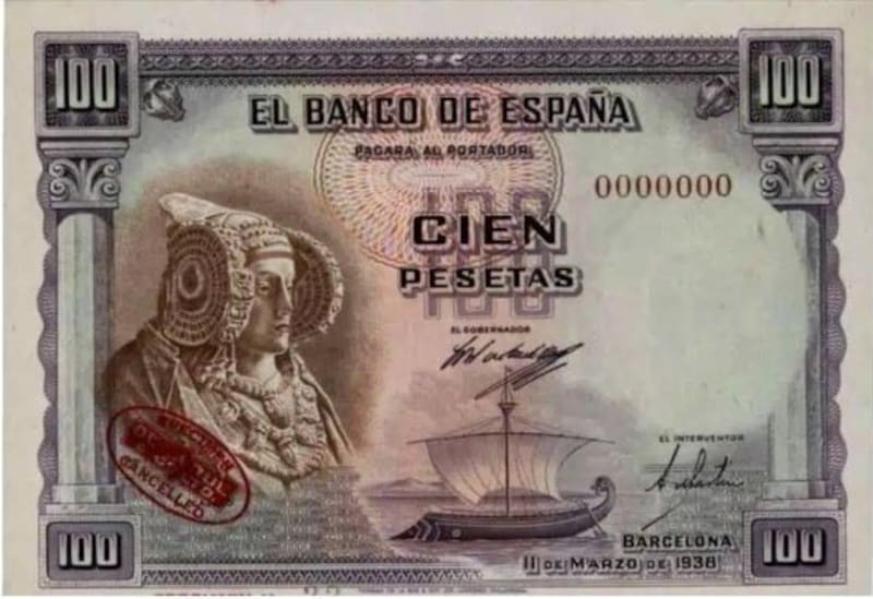 Este billete de la Dama de Elche es uno de los más perseguidos por los amantes de la numismática, ya que apenas quedan ejemplares. fuente: archivo.