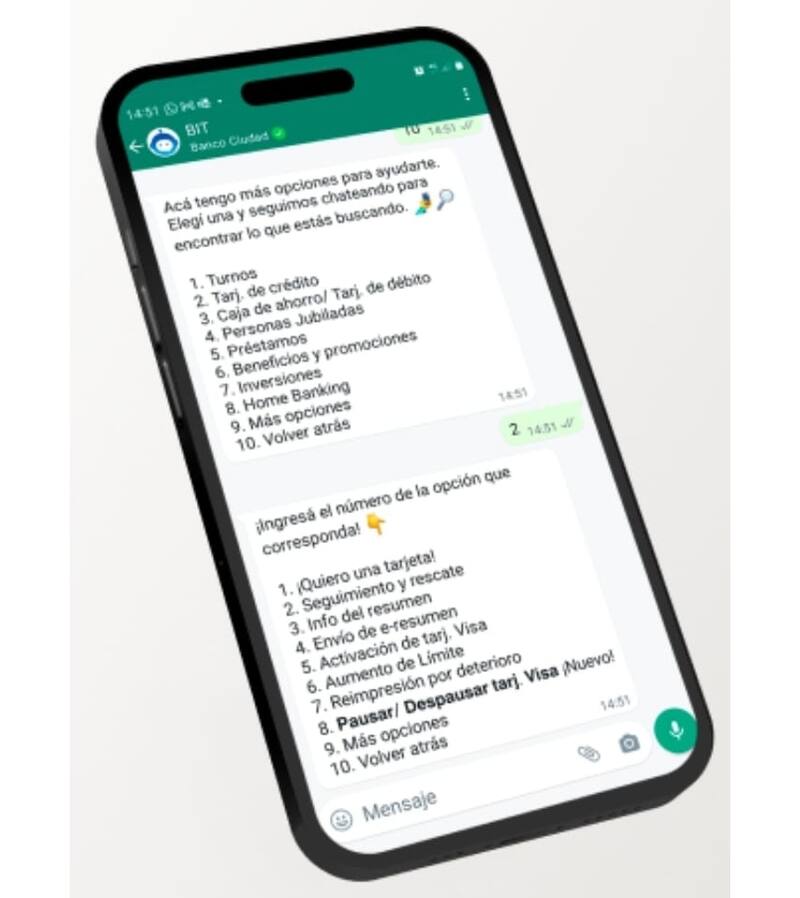 El asistente virtual del Banco Ciudad permite gestionar la tarjeta de crédito por WhatsApp.