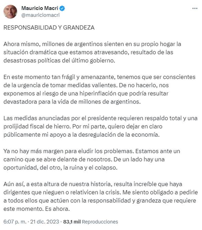 El posteo de Mauricio Macri.