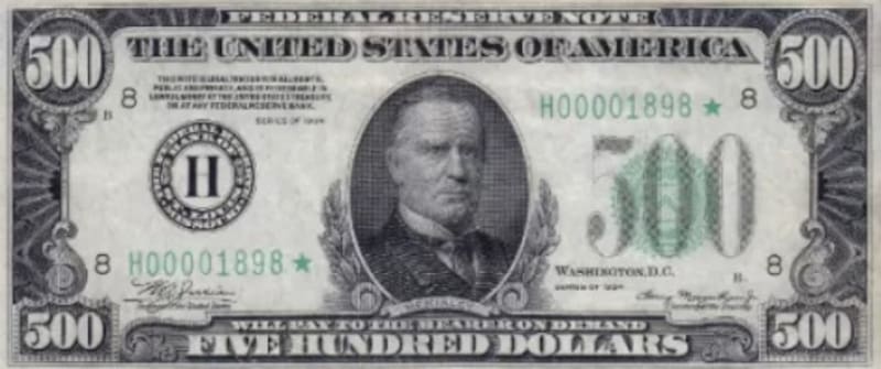 El billete de 500 dólares de la serie 1928, con el rostro de William McKinley, fue retirado por la FED hace más de 50 años y hoy alcanza altos valores entre coleccionistas. (Fuente: Archivo)