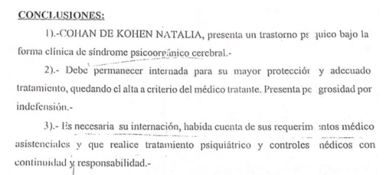 Conclusiones de los médicos forenses que visitaron a la paciente en su internación.