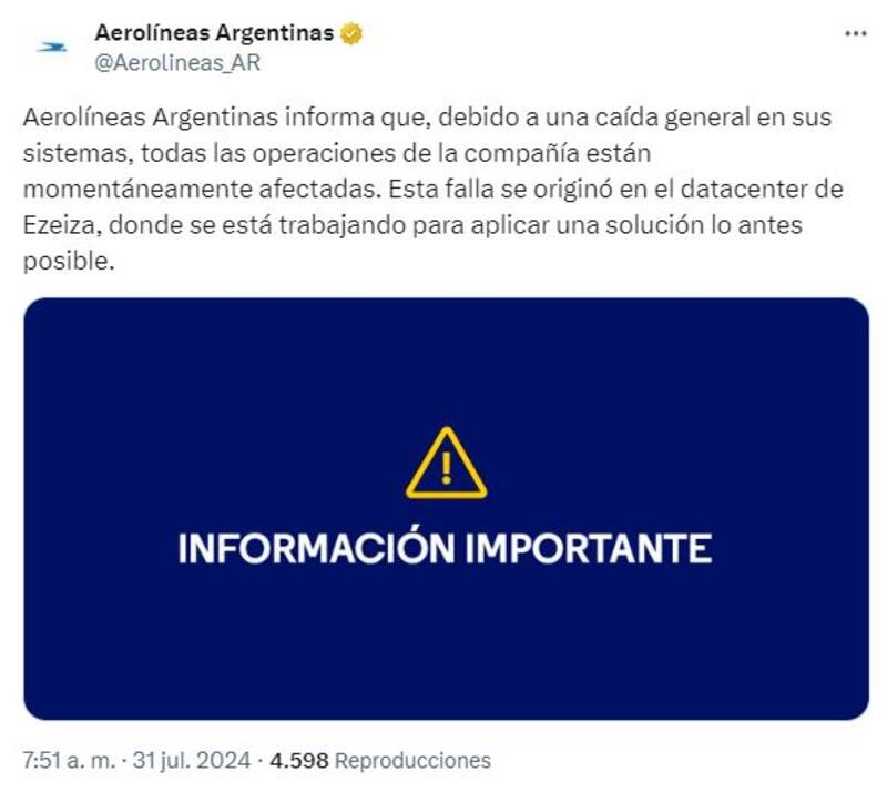 El comunicado de Aerolíneas sobre la falla en su sistema.