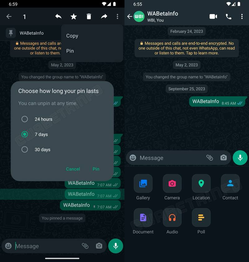 La nueva función para fijar mensajes de WhatsApp (vía: WABetaInfo).