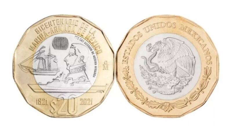Moneda de 20 pesos conmemorativa del bicentenario de la Marina-Armada de México. Foto: mercadolibre.com.mx.