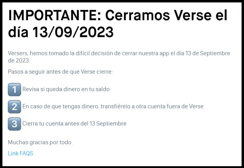 El anuncio de Verse sobre el cierre de su app (Fuente: Verse)