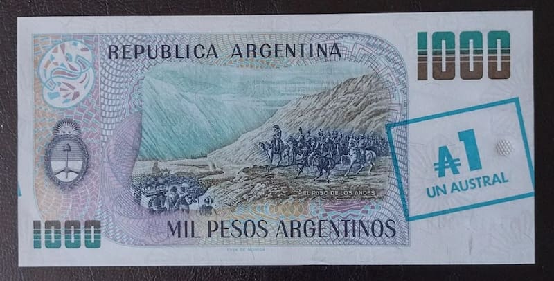El billete de $ 1000 pasó a valer 1 Austral. (Fuente: Mercado Libre)