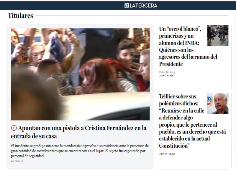 La Tercera muestra el atentado a CFK