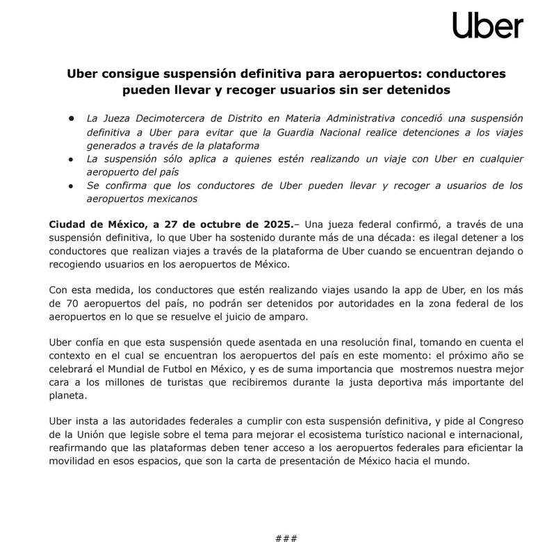 Uber celebró en un comunicado que ahora podrá operar en los aeropuertos de todo el país. Fuente: Uber