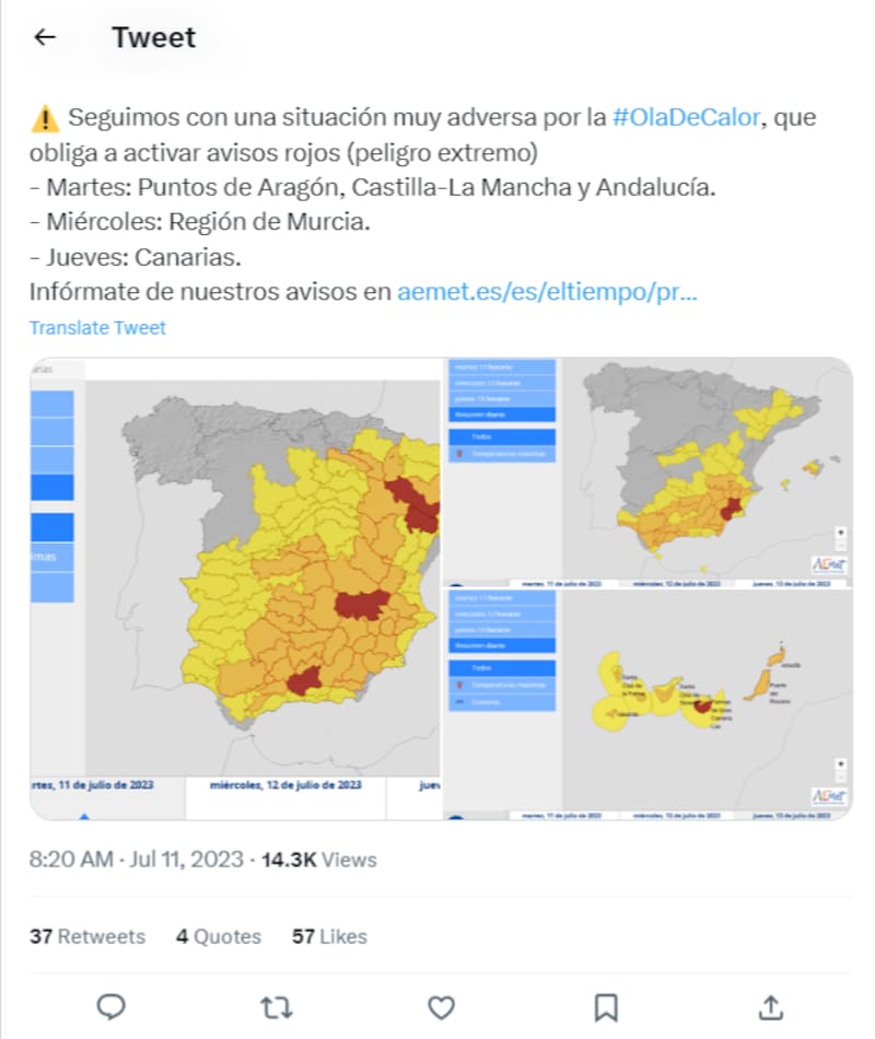 Posteo de AEMET. Fuente: @AEMET_Esp