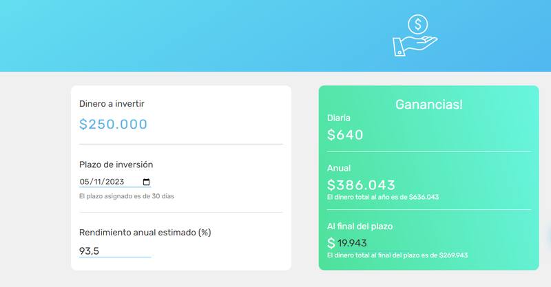 Ganancias obtenidas a 30 días con una inversión de $ 250.000. (Foto: Captura Calculadora Mercado Pago)