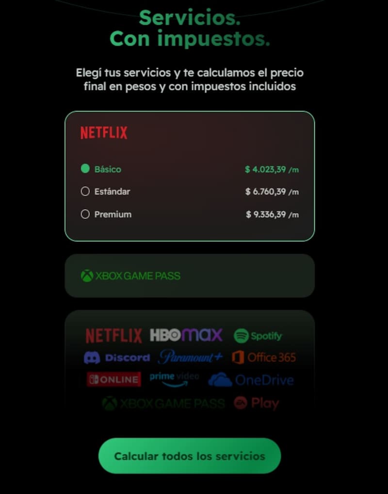 Así se ve la web de Impuestito para calcular cuánto pagar en pesos las aplicaciones dolarizadas (Fuente: captura de pantalla de impuestito.ar)