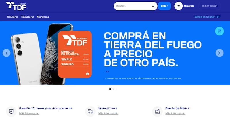 La homepage de CourierTDF promete "precios de otro país".