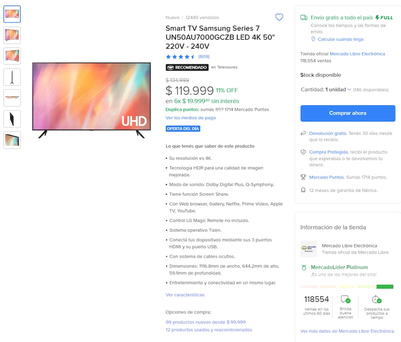 Smart Tv Samsung series 7. Fuente: Mercado Libre