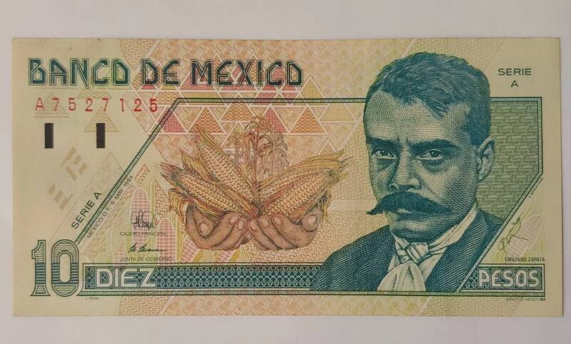 Anverso del billete de 10 pesos de 1992. Foto: www.mercadolibre.com.mx.