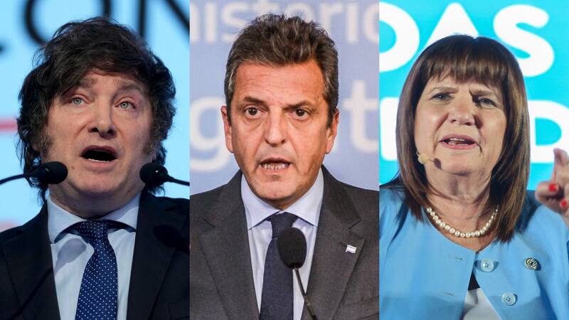 Javier Milei, Sergio Massa y Patricia Bullrich; los tres candidatos con mayores posibilidades de acceder a la Presidencia.