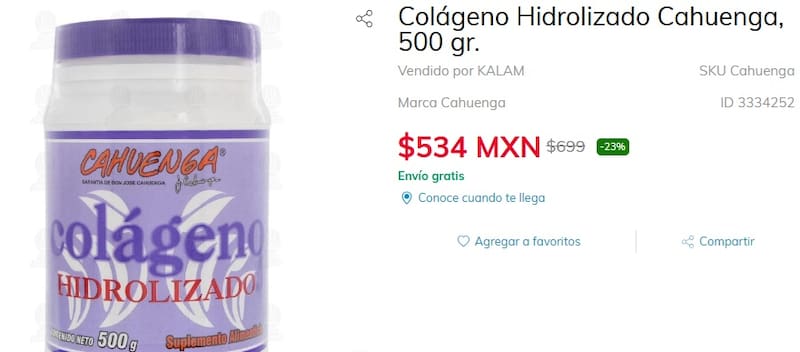 La marca mexicana Cahuenga ofrece un colágeno de alta calidad avalado por Profeco. Fuente: sears.com.mx