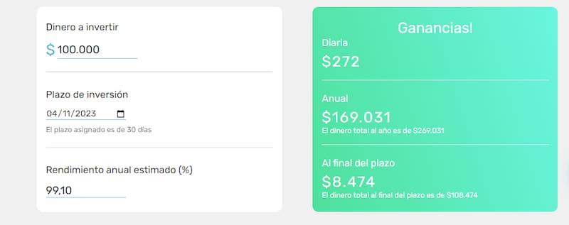 Con $ 100.000 invertidos, tenés una ganancia mensual de $ 8474 en Mercado Pago. (Foto: Captura Calculadora Mercado Pago)