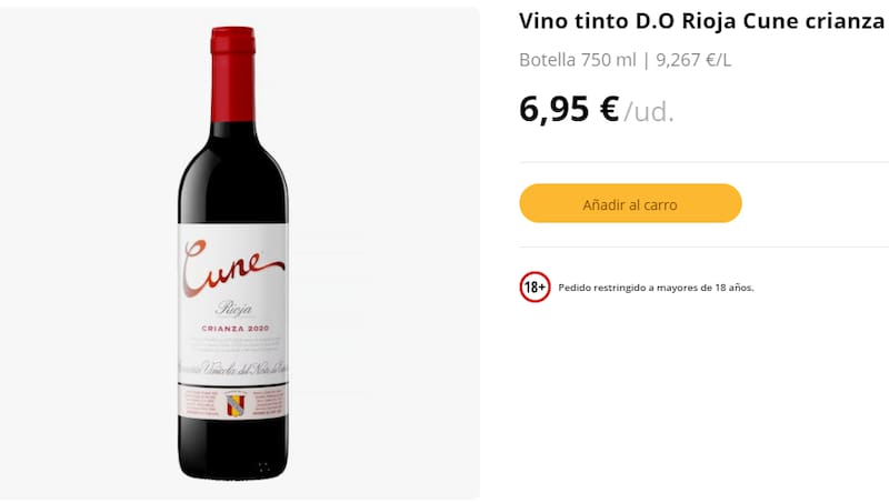 Vino tinto D.O Rioja Cune crianza. Fuente: Mercadona