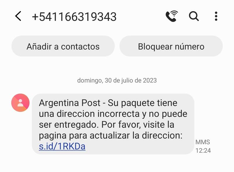 El mensaje que llega haciendose pasar por Correo Argentino. Fuente: Twitter.
