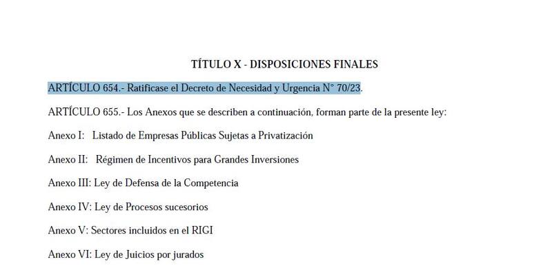 El artículo 654 de la ley ómnibus. (Captura del documento oficial)