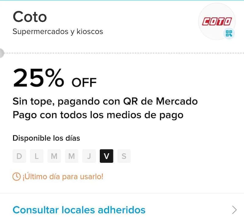El descuento del 25% de Mercado Pago en supermercados Coto no tiene tope de reintegro. (Fuente: Mercado Pago)