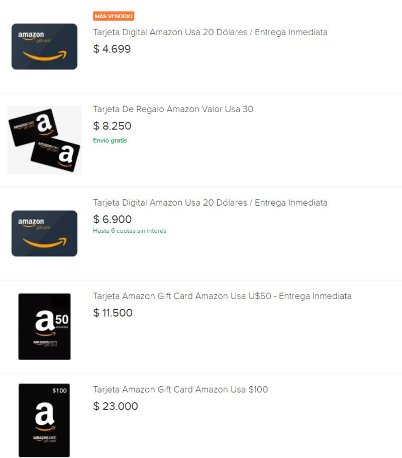 Publicaciones de tarjetas de regalo en Mercado Libre.